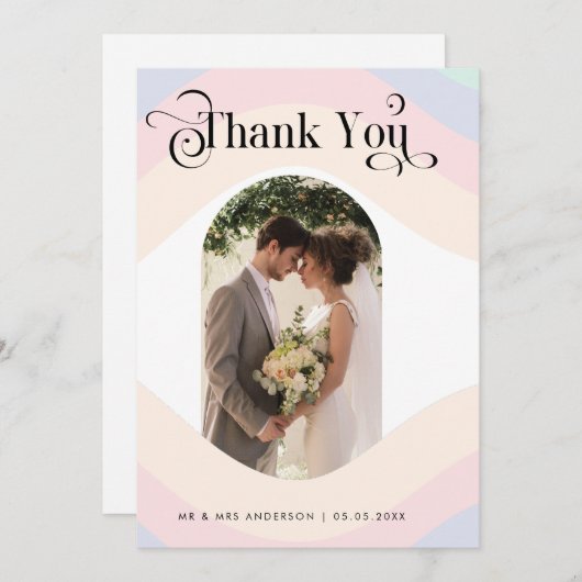 Carte De Remerciements Pastel Rainbow Arch Photo & Retro Script Mariage (Devant / Derrière)