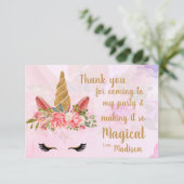 Carte De Remerciements Pâte Rose Jolie Licorne Fleurie Anniversaire (Debout devant)