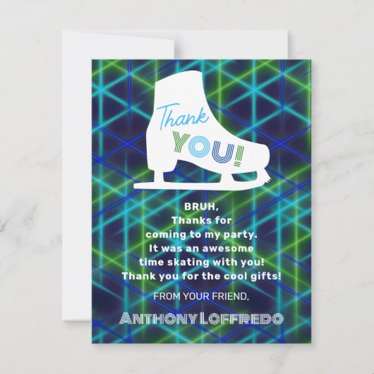 Carte De Remerciements Patinage sur glace Neon Glow Boys fête d'anniversa (Devant)