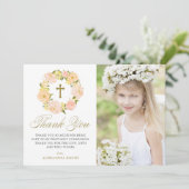 Carte De Remerciements Peach Peony Wreath Première Communion (Debout devant)