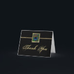 Carte de remerciements Peacock noir et or<br><div class="desc">Cette carte de remerciement en noir et or contient une plume de paon encadrée d'or. Il correspond au faire-part de mariage ci-dessous. Vous pouvez également le redimensionner à la taille 5x7 si vous avez besoin de quelque chose de plus grand. Si vous avez besoin d'autres articles dans ce style, veuillez...</div>