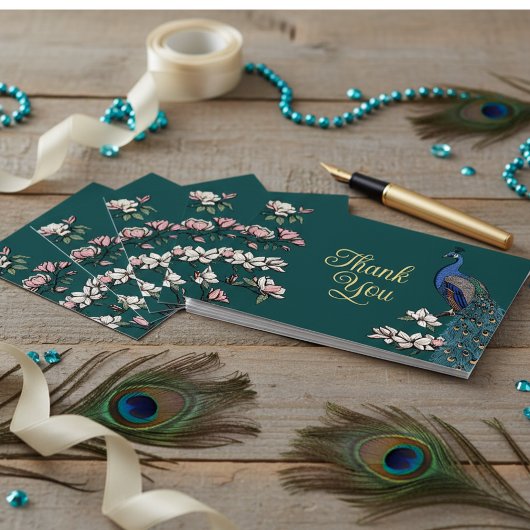 Carte de remerciements Peacock Turquoise et or rus