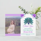 Carte De Remerciements Peacock vert et bleu | Fleurs d'aquarelle violette (Debout devant)