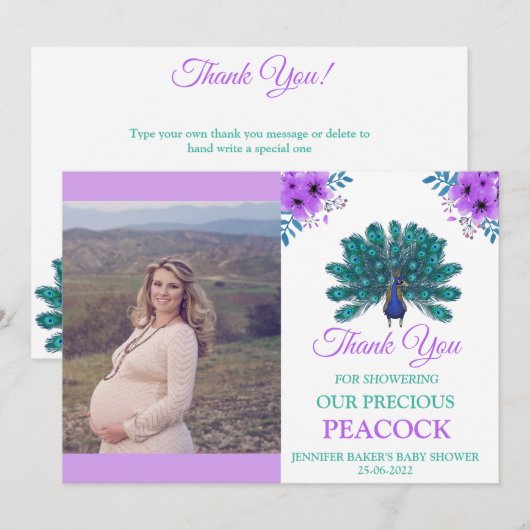 Carte De Remerciements Peacock vert et bleu | Fleurs d'aquarelle violette (Devant / Derrière)