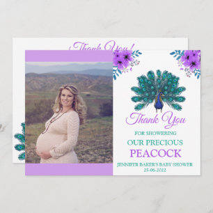 Carte De Remerciements Peacock vert et bleu   Fleurs d'aquarelle violette