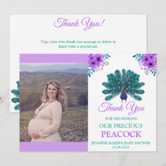 Carte De Remerciements Peacock vert et bleu | Fleurs d'aquarelle violette