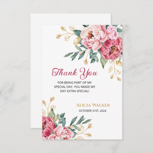 Carte De Remerciements Peine rose rouge feuille d'or vert Anniversaire (Devant / Derrière)