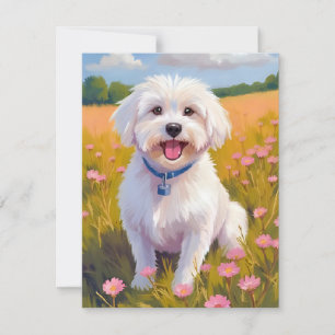 Carte De Remerciements Peinture de champ de fleurs de chien maltais