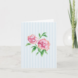Carte De Remerciements Peinture de pivoines roses à rayure bleue