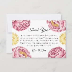 Carte De Remerciements Peonées roses et Mariage citron