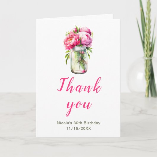Carte De Remerciements Peonies roses Mason Jar Anniversaire (Devant)