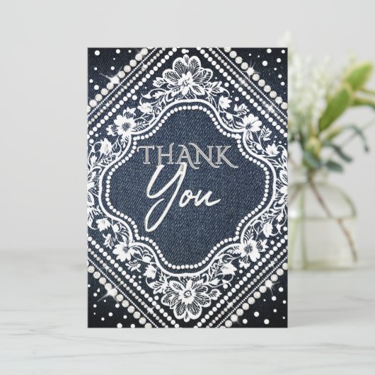 Carte De Remerciements Perles de Denim Dentelle Élégant Moderne 50 ans (Debout devant)