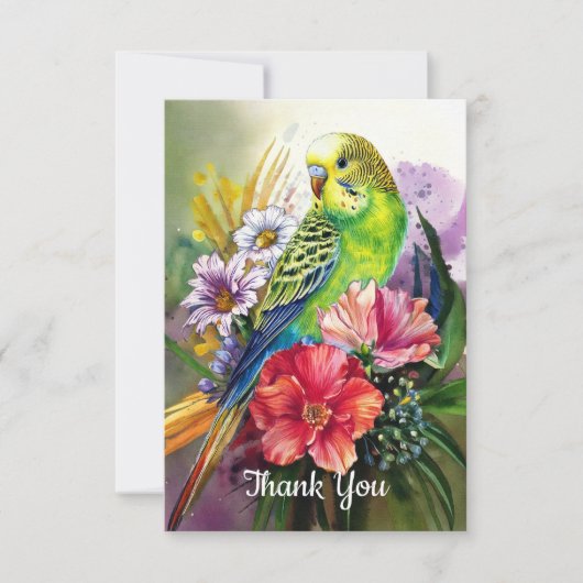 Carte De Remerciements Perruche et fleurs (Devant)
