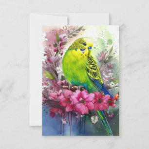 Carte De Remerciements Perruche verte et fleurs