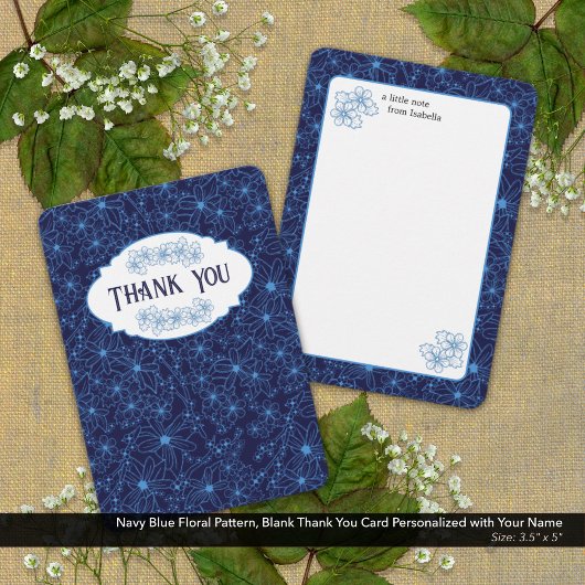 Carte De Remerciements Personalized Name Navy Blue Floral Pattern, Blank