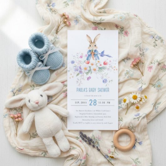 Carte De Remerciements Peter Rabbit Blue Boy Floral Baby shower Invitatio