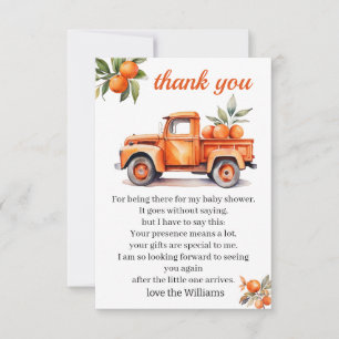 Carte De Remerciements petit baby shower d'agrumes de camion orange