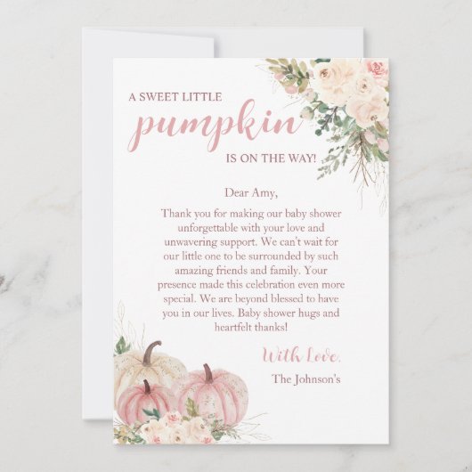 Carte De Remerciements Petit Baby shower d'automne doux Citrouille (Devant)