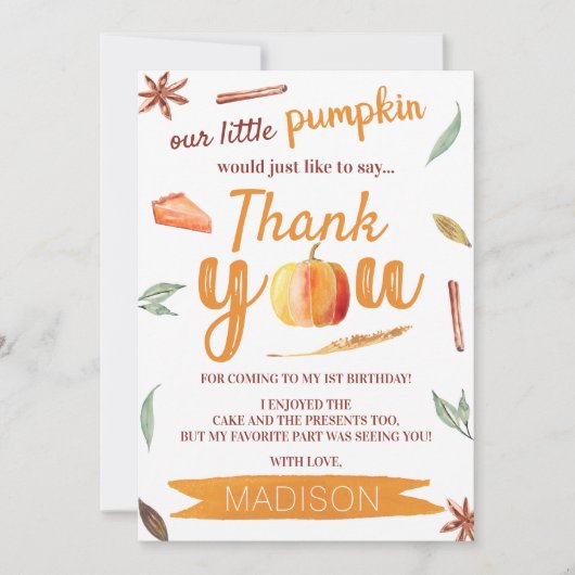 Carte De Remerciements Petit Citrouille Automne 1er Anniversaire (Devant)