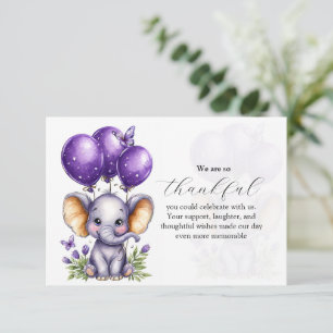 Carte De Remerciements Petit Éléphant avec des Ballons Violets Rêveurs
