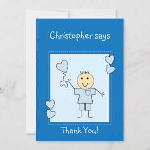 Carte De Remerciements Petit garçon avec nom et coeur bleu