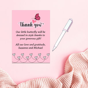 Carte De Remerciements Petit papillon Coeurs Baby shower fille