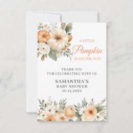 Carte De Remerciements Petite Citrouille Orange Fleurs Blanches Baby Show