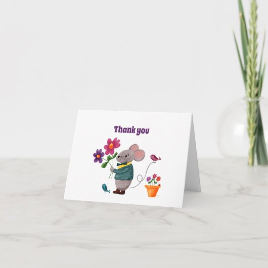 Carte De Remerciements Petite souris mignonne avec fleurs (Devant)