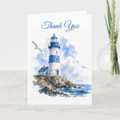Carte De Remerciements Phare Bleu Blanc Nautical (Devant)
