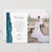 Carte De Remerciements Photo Agate Bleu Sarcelle Mariage Écriture Argent (Devant)