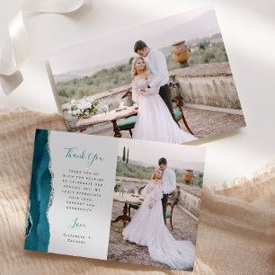 Carte De Remerciements Photo Agate Bleu Turquoise Mariage Gris Écriture A