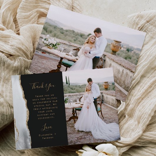 Carte De Remerciements Photo Agate Gris Blanc Or Script Mariage