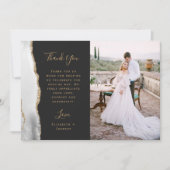 Carte De Remerciements Photo Agate Gris Blanc Or Script Mariage (Devant)