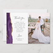 Carte De Remerciements Photo Agate Violet Or Script Mariage (Devant)