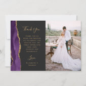 Carte De Remerciements Photo Agate Violet Or Script Mariage (Devant)