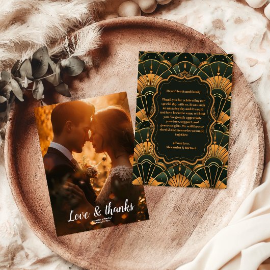 Carte De Remerciements Photo Art Déco Mariage Diamant Or et vert