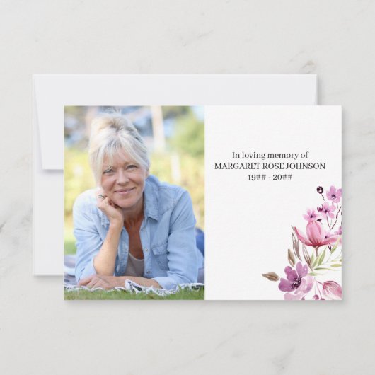 Carte De Remerciements Photo avec des fleurs violettes roses et des funér (Dos)