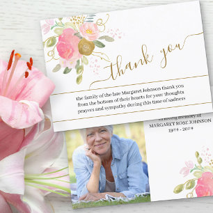 Carte De Remerciements Photo avec fleurs roses et écriture dorée pour fun