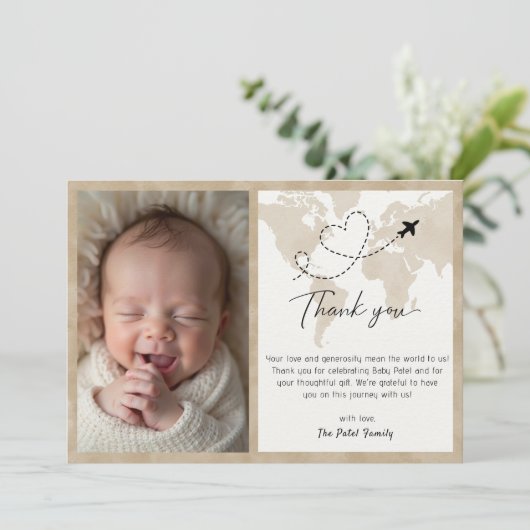 Carte de remerciements photo Baby shower Voyage (Debout devant)