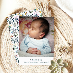 Carte De Remerciements Photo bébé simple fleur sauvage aquarelle boho