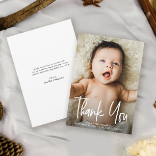 Carte De Remerciements Photo bébé simple Lettre main moderne naissance