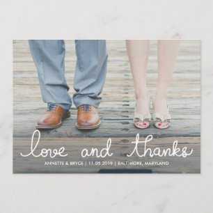 Carte De Remerciements Photo blanche de mariage de typographie d'amour et