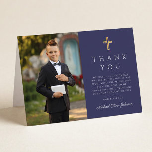 Carte De Remerciements Photo bleu marine Garçon Première communion plié