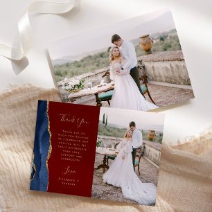 Carte De Remerciements Photo Bleu Nuit Agate Bordeaux Or Écriture Mariage