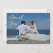 Carte De Remerciements Photo Blue Gold Elegant Script Calligraphy Mariage (Devant)