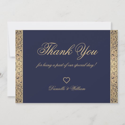 Carte De Remerciements Photo Blue Gold Elegant Script Calligraphy Mariage (Dos)