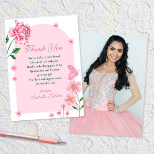 Carte De Remerciements Photo Blush Pink Quinceañera Roses et papillons