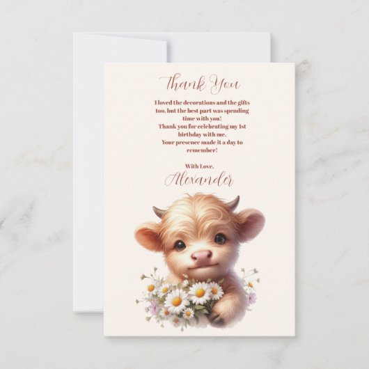 Carte De Remerciements Photo Boho Holy Cow Highland Cow 1er anniversaire (Devant)
