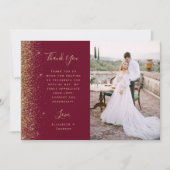 Carte De Remerciements Photo Burgundy Red Gold Glitter Script Wedding (Devant)