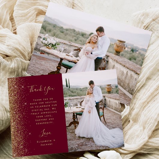 Carte De Remerciements Photo Burgundy Red Gold Glitter Script Wedding